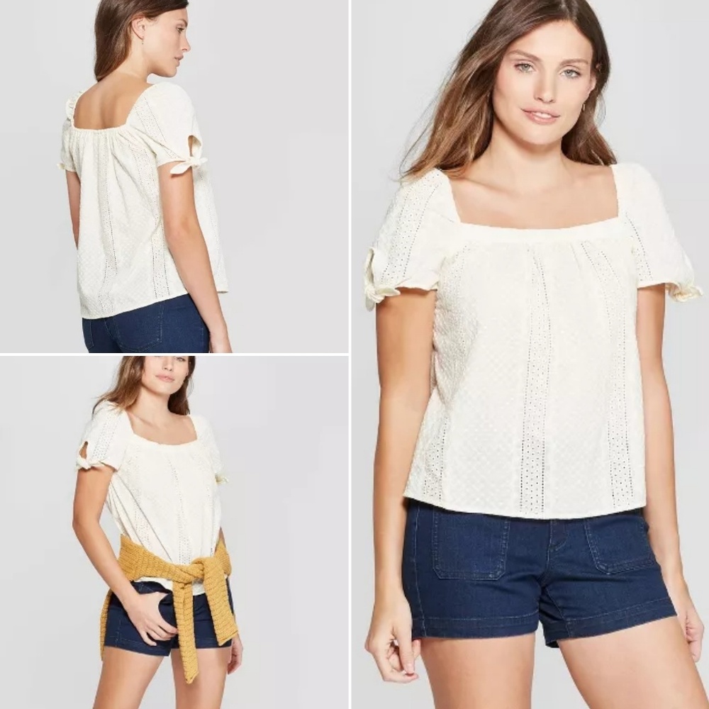 New w/o tag! Short Sleeve Square Neck Eyelet Top - Picture 1 of 4